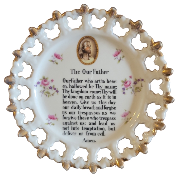 1 Vtg The Lord's Prayer Plate Jesus Plaque Cutout Edge Gold Trim Floral Nikoniko - Picture 1 of 3